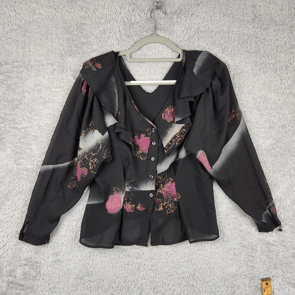 Vintage Notches Blouse Womens 13 Black Floral Ruffle Sheer Chiffon Fairy Grunge